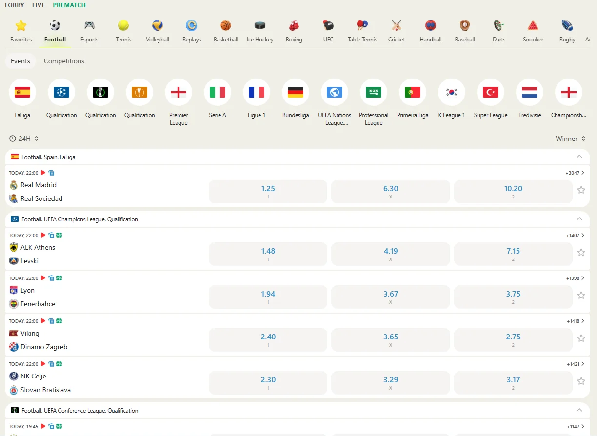 Topmatch betting line: disciplines, odds and the live mode