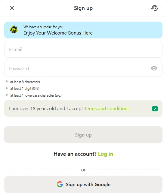 Topmatch sign-up form: email, password and terms confirmation